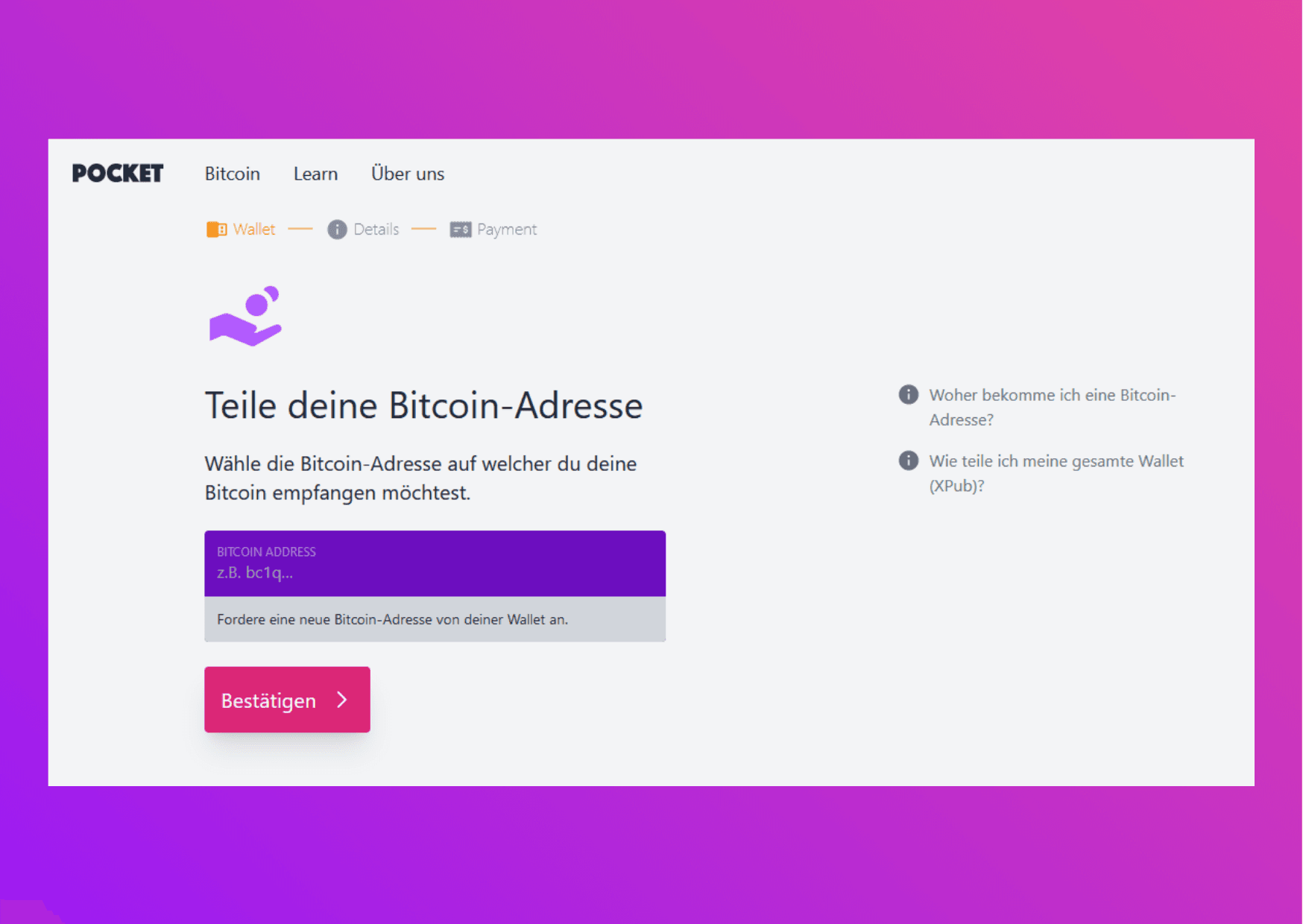 Bilfschirmaufnahme Pocket Website Teile deine Bitcoin-Adresse