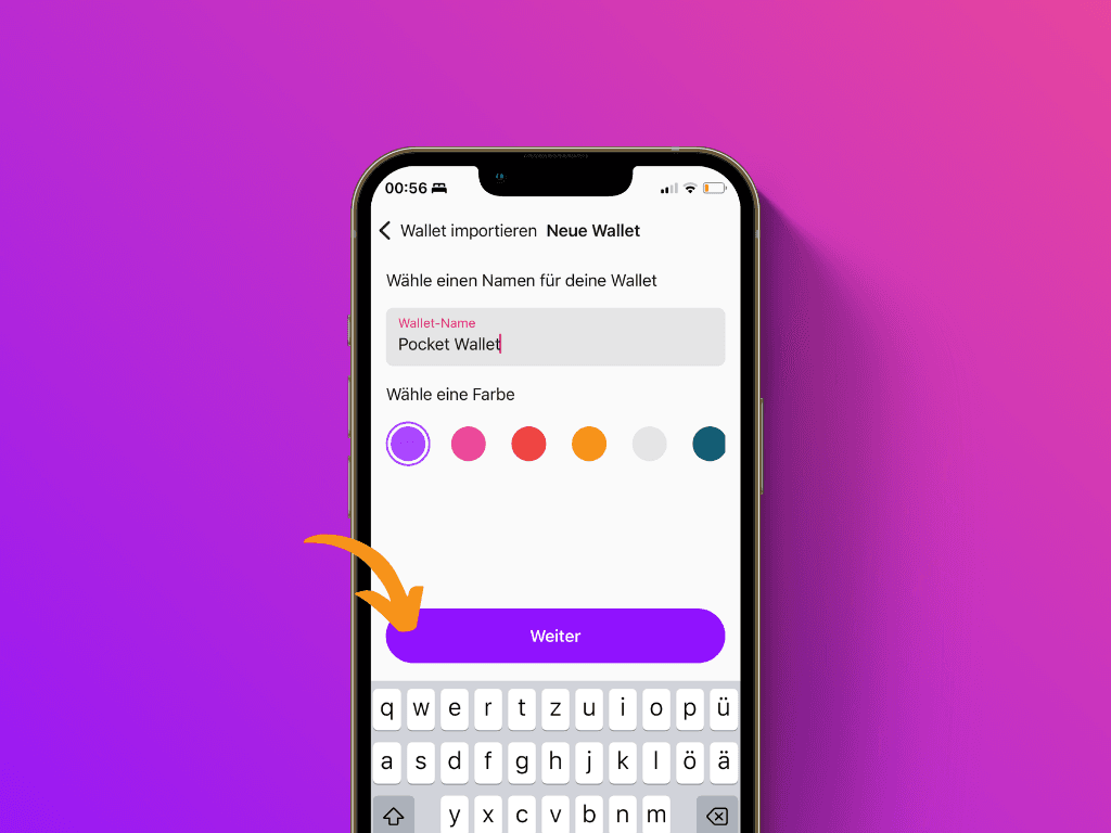 Bildschirmfoto der Pocket App beim Schritt Wallet benennen