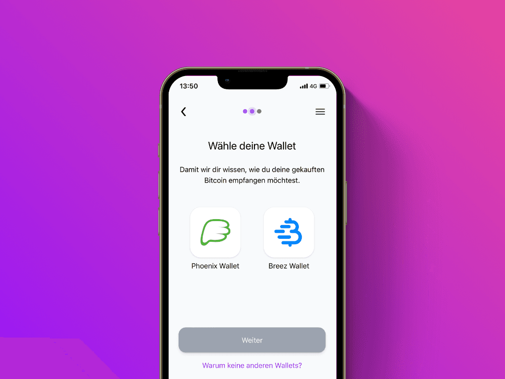 Bildschirmfoto des Wallet-Auswahl-Screens von Pockets Lightning Top-Up Service