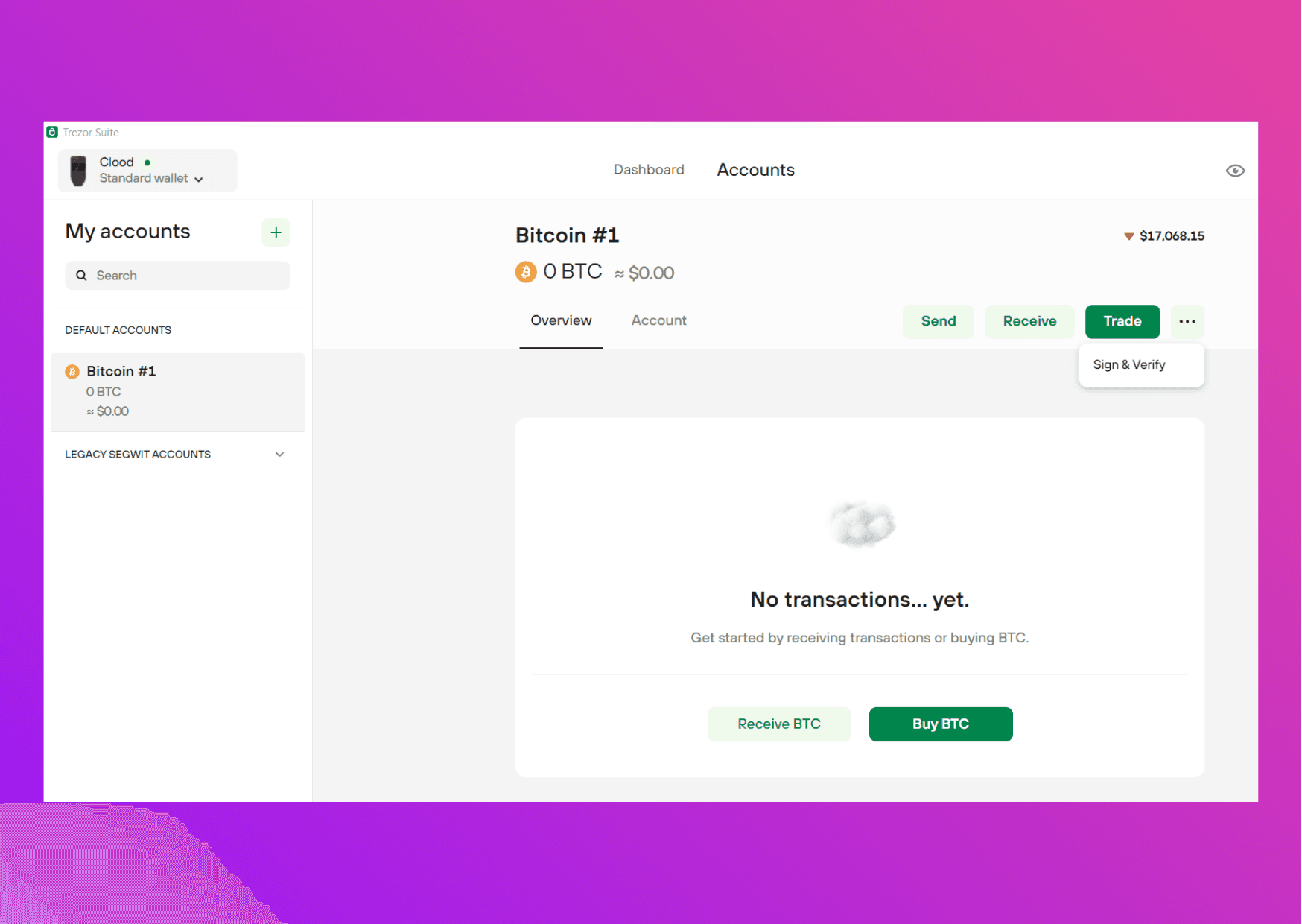 Screen capture Trezor Suite bitcoin account menu sign and verify