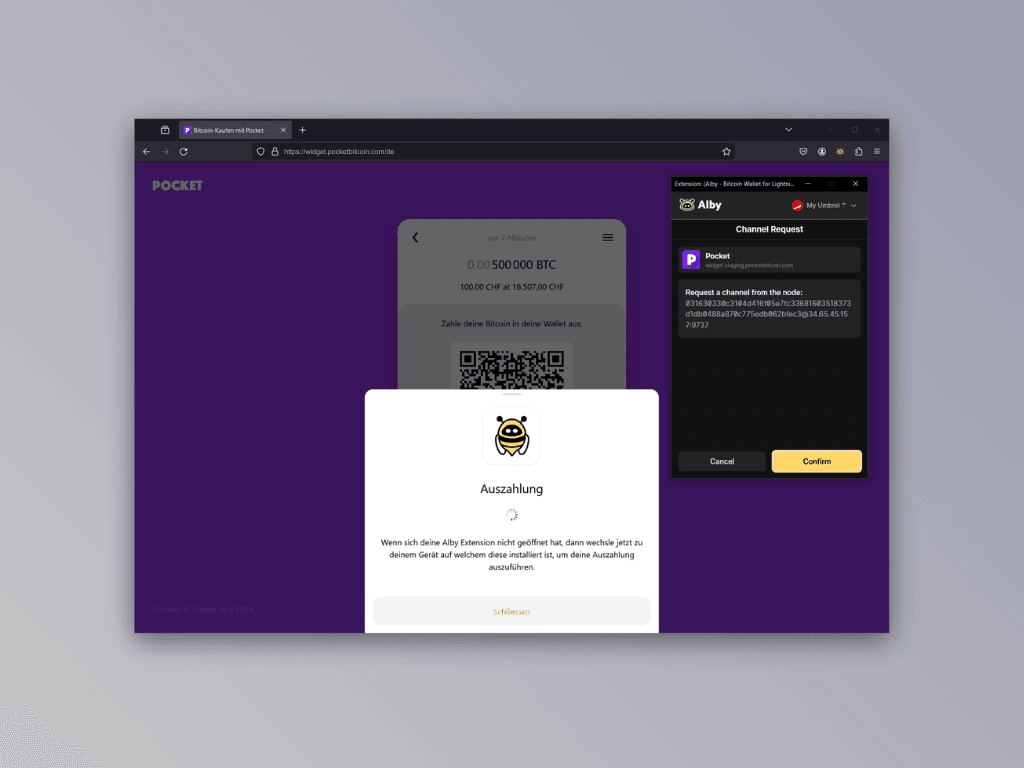 Bildschirmfoto des Screens zur Eröffnung eines neuen Lightning-Kanals in der Alby-Extension