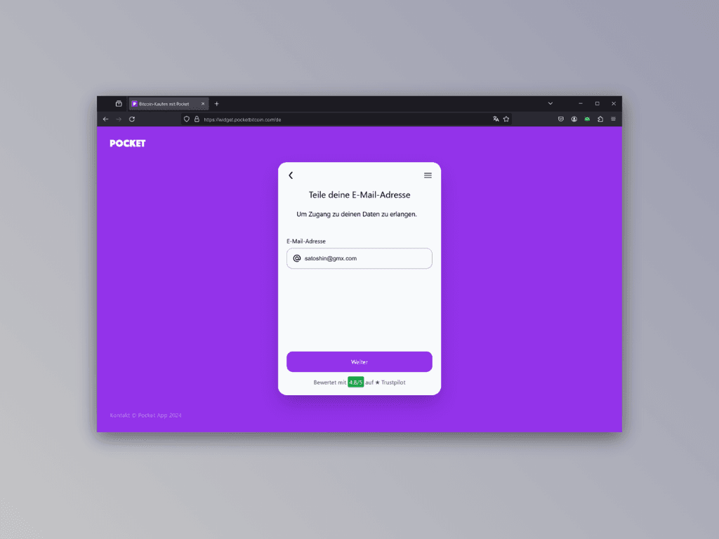 Bildschirmfoto des E-Mail-Eingabe-Screens von Pockets Lightning Top-Up Service