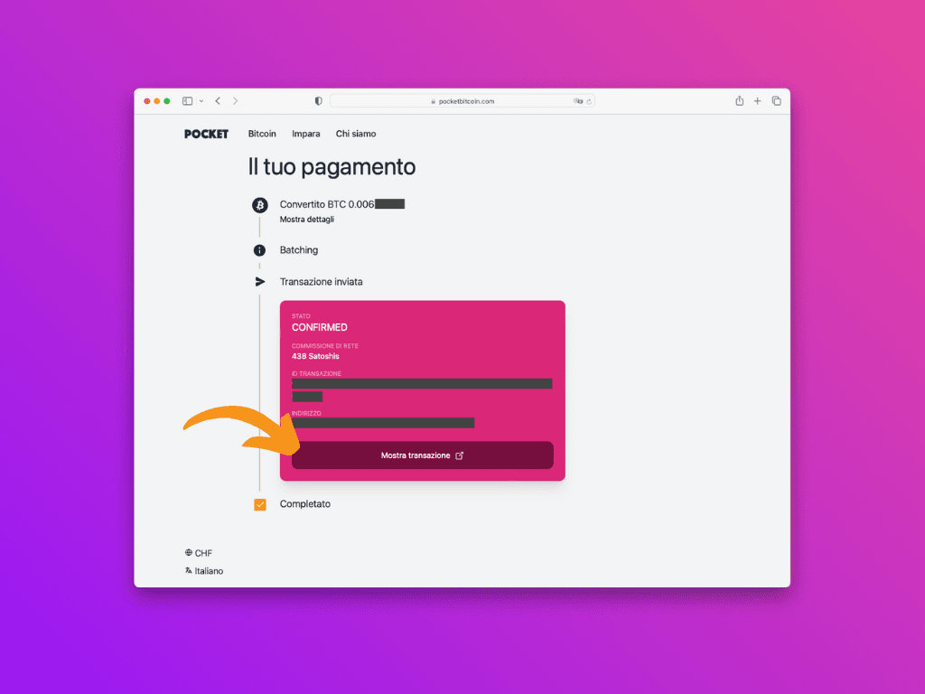 Schermata della pagina web di monitoraggio della transazione Bitcoin dopo il prelievo