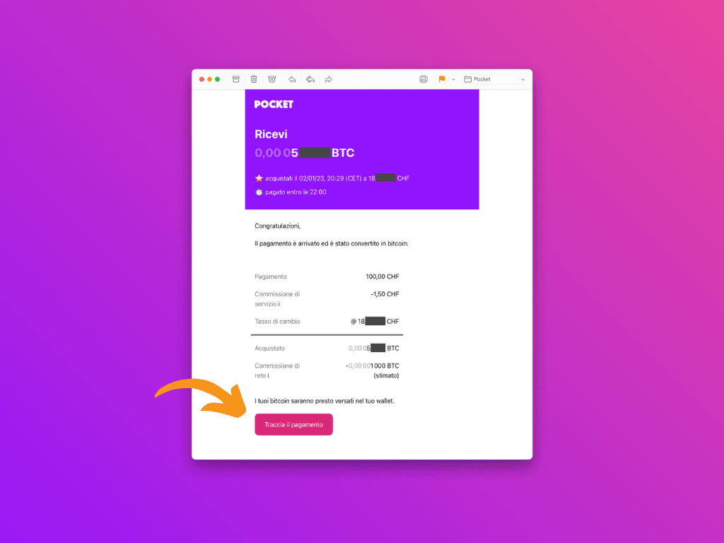 Schermata dell'e-mail di conferma di Pocket per l'acquisto di Bitcoin