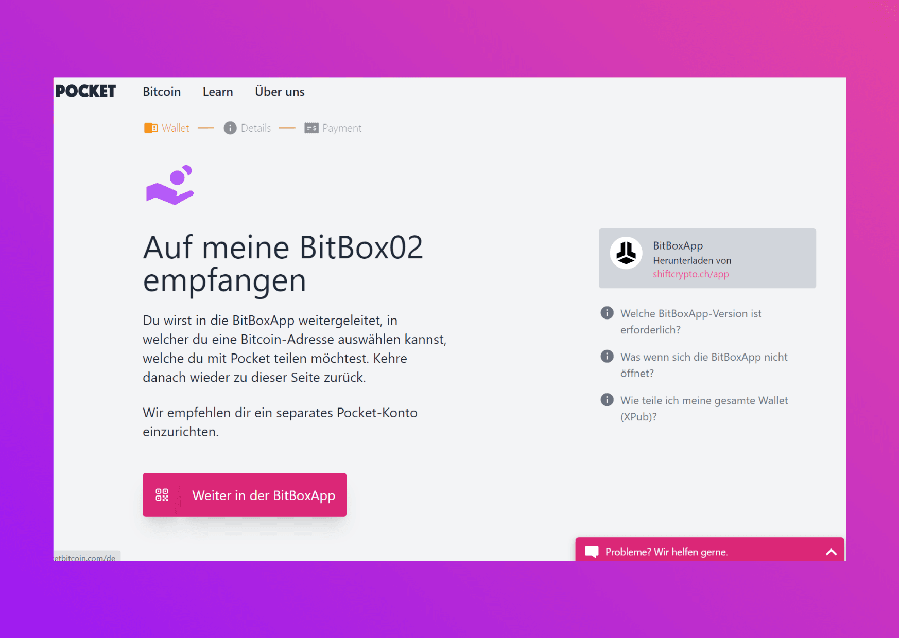 Bildschirmfoto mit der Pocket-Website mit der Weiterleitung zur BitboxApp