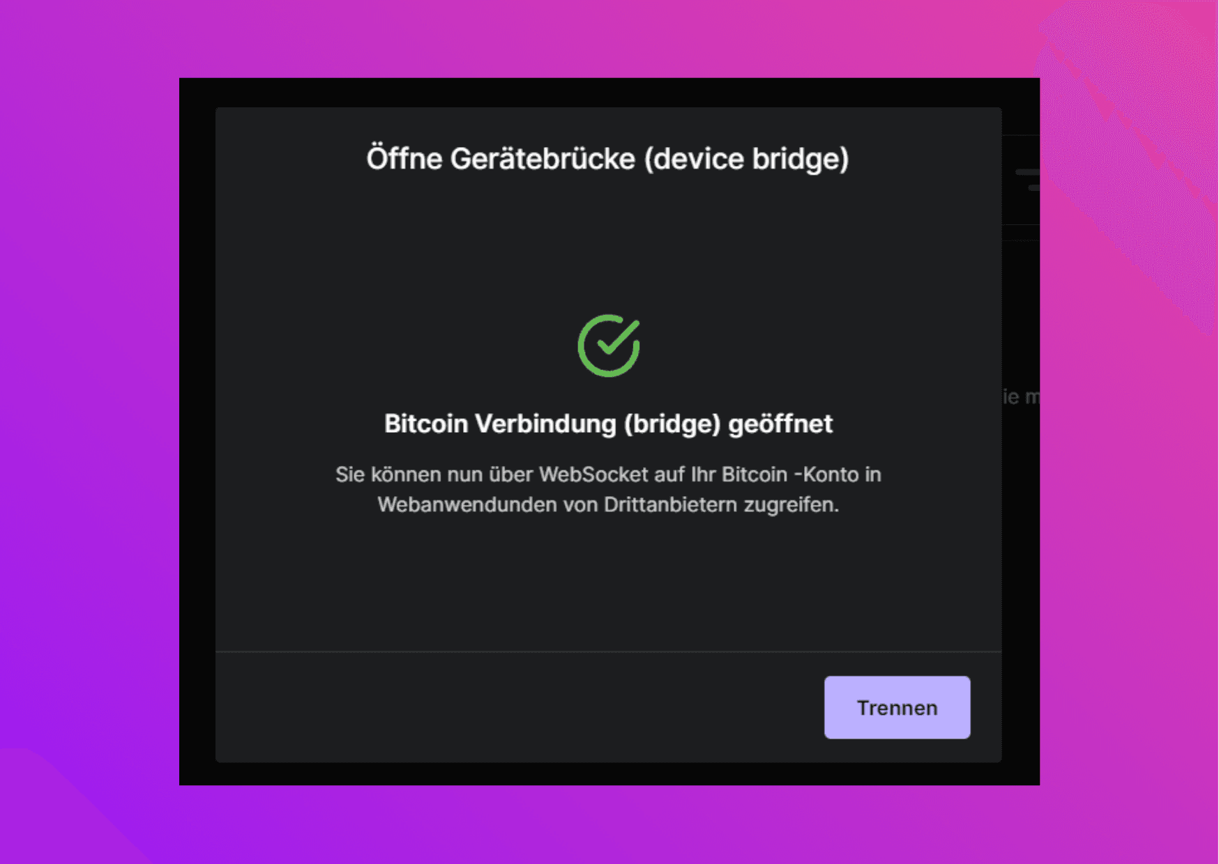 Bildschirmfoto Ledger Live Bitcoin Verbindung geöffnet