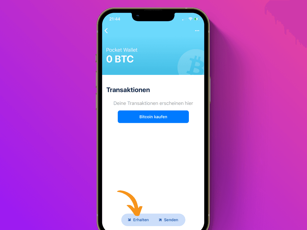 Bildschirmfoto der BlueWallet mit der Funktion Erhalten