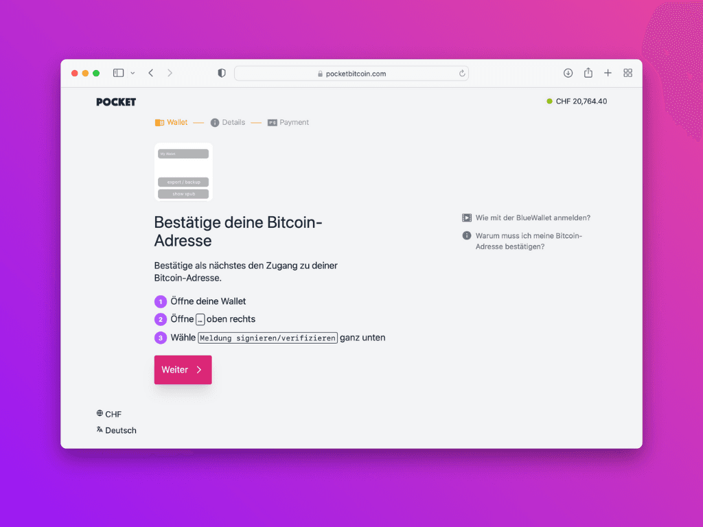Bildschirmfoto der Pocket-Website mit der Aufforderung die Bitcoin-Adresse zu bestätigen