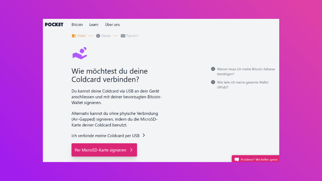 Bildschirmfoto mit der Pocket-Website Per MicroSD-Karte signieren