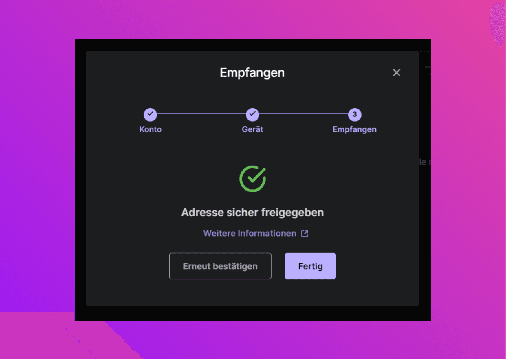 Bildschirmfoto Ledger Live mit der Bestätigung