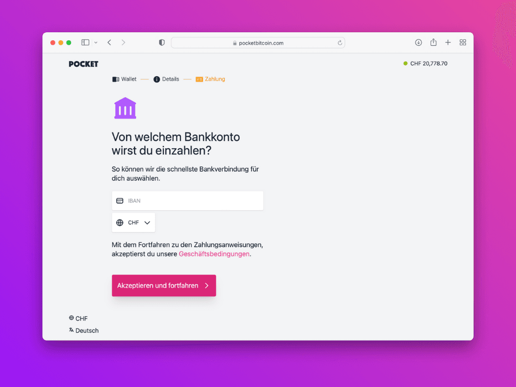 Bildschirmfoto der Pocket-Website mit der Aufforderung die Bankverbindung anzugeben