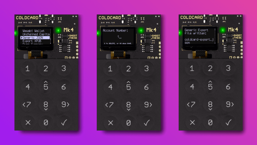 Coldcard menu for JSON export of a specific wallet account
