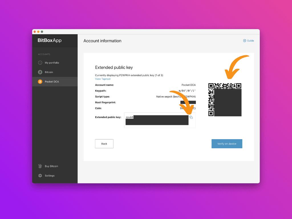 Screenshot of the BitBoxApp with the information about the extended public key