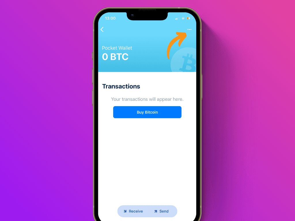 Screenshot of BlueWallet showing the menu (Three dots)