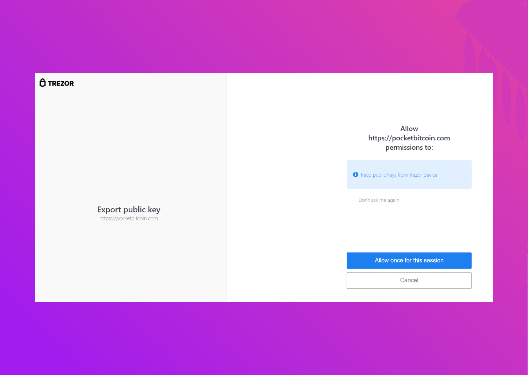 Screenshot Trezor Bridge Export public key permission