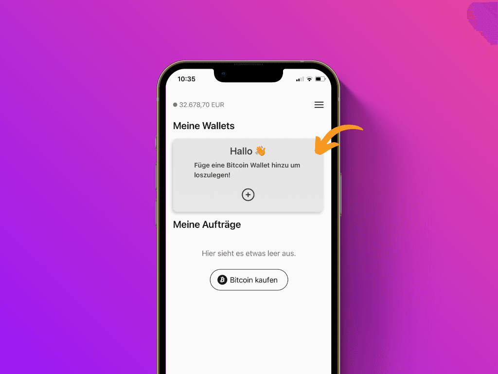 Bildschirmfoto der Pocket App mit Zeiger auf die Kachel "neue Wallet einrichten"
