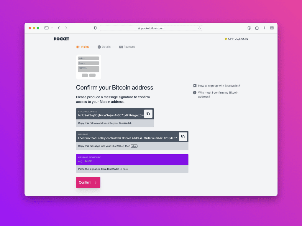 Screenshot of Pocket website to confirm bitcoin address 