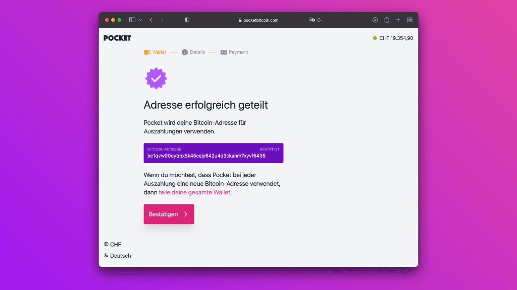 Bildschirmfoto mit der Pocket Website mit der bestätigten Adresse