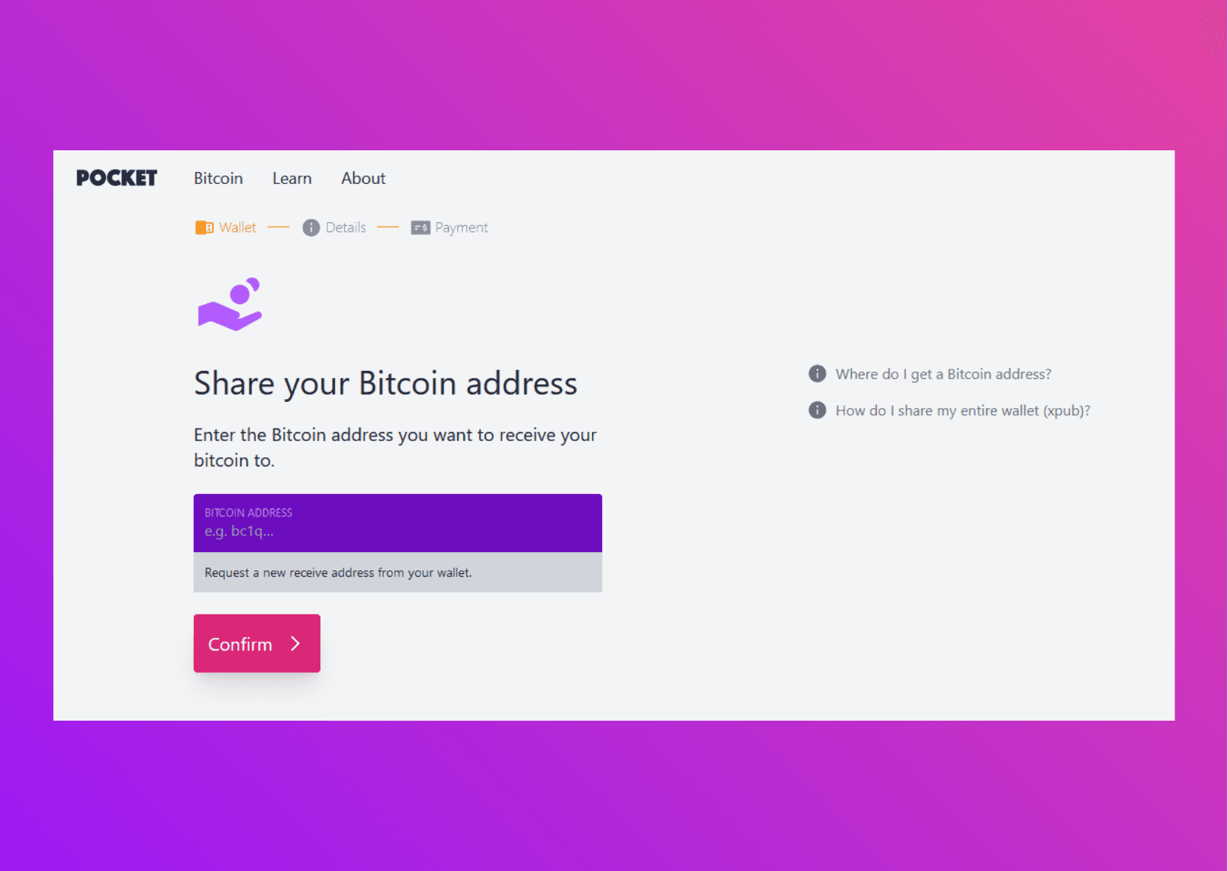 Screen capture Pocket Website Share your bitcoin address