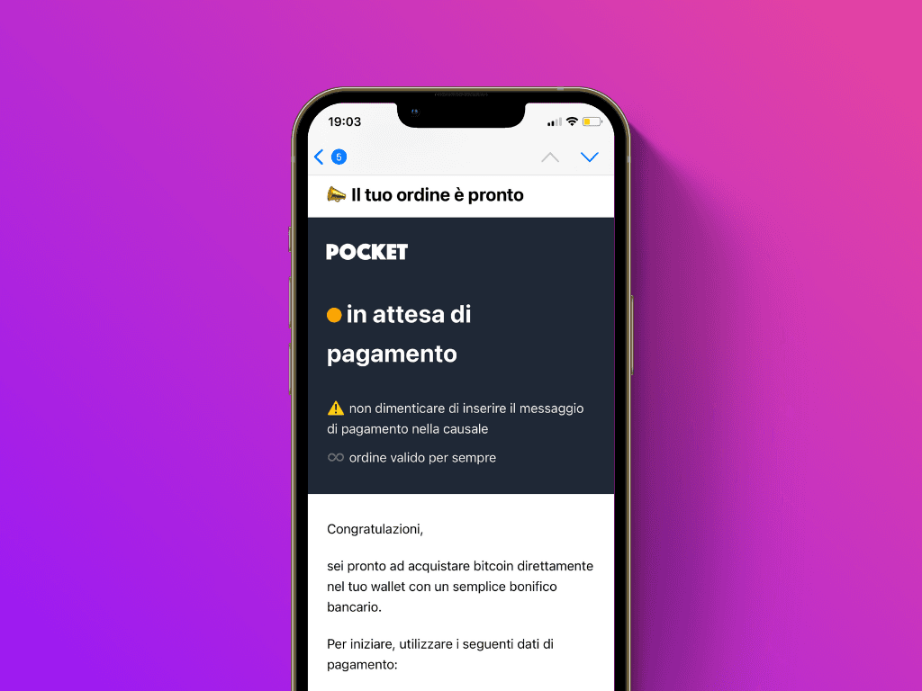 Schermata dell'e-mail di conferma dopo la creazione dell'ordine da Pockets