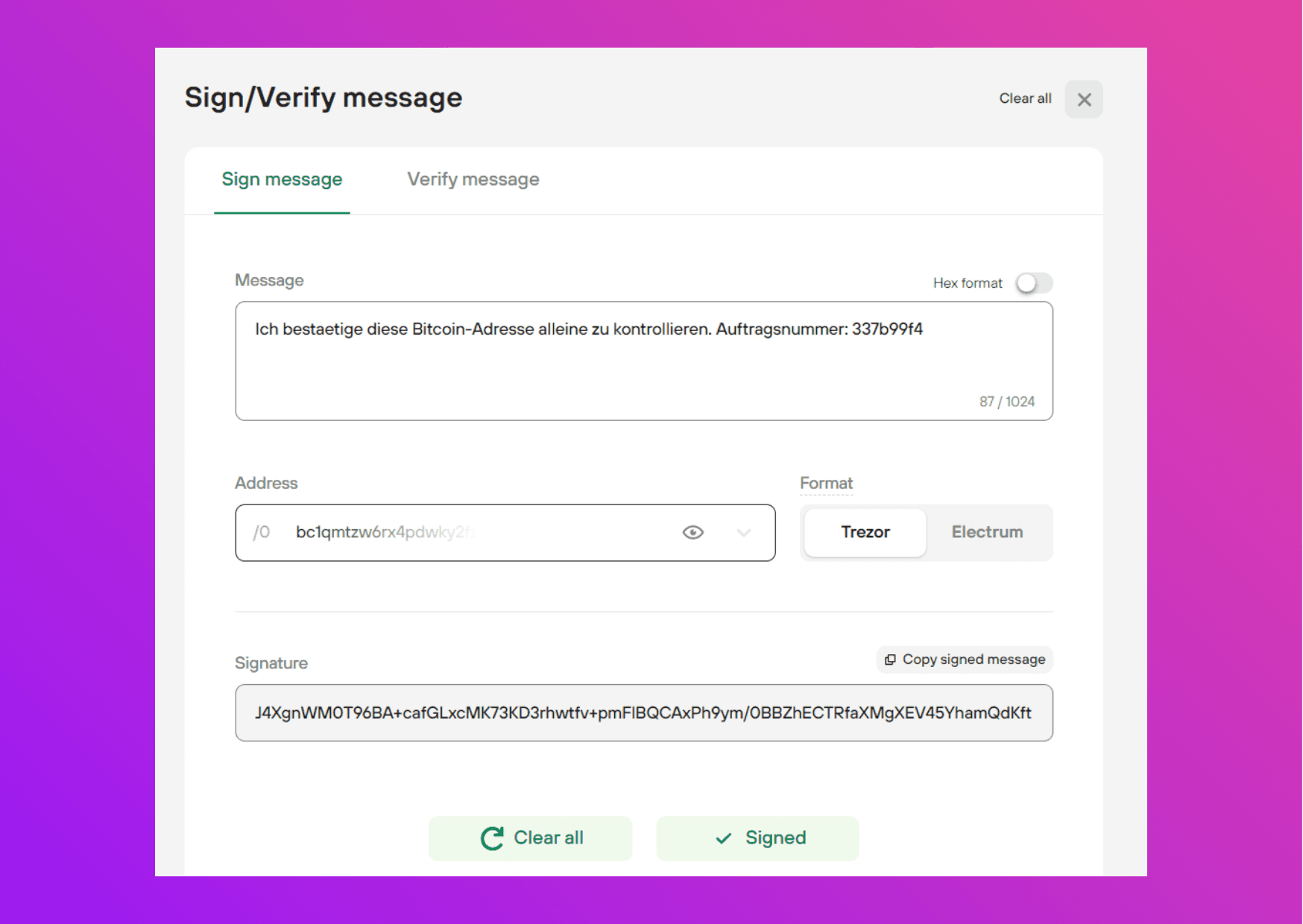 Verify screen capture Trezor Suite message