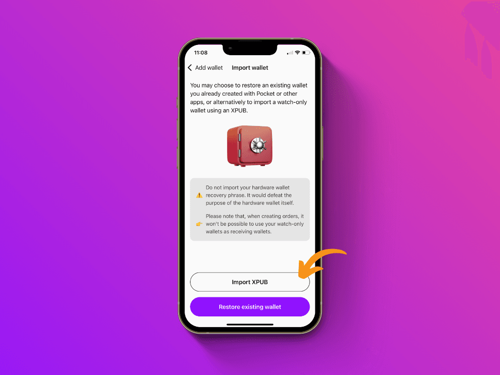 Screenshot of the Pocket App with pointer to the "Import XPUB" button