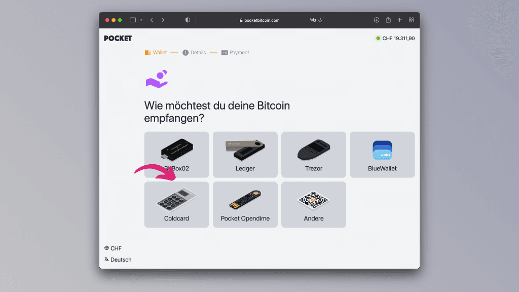 Bildschirmfoto der Wallet-Auswahl auf der Pocket-Webseite