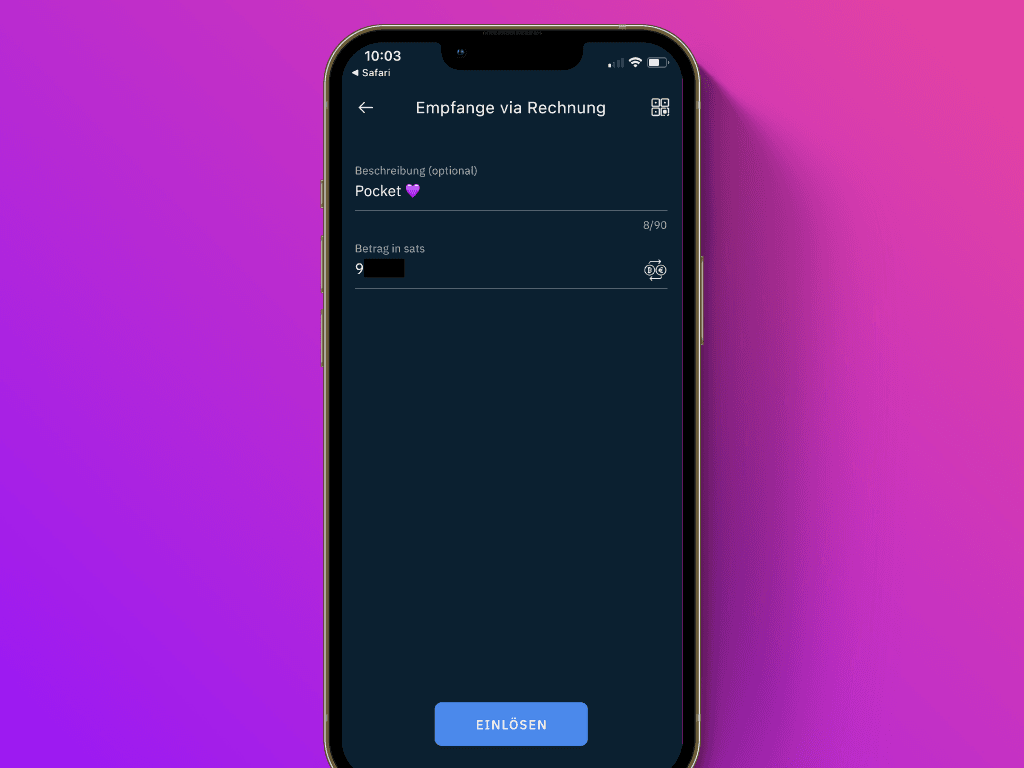 Bildschirmfoto des Zahlungsanfrage-Screens der Breez App