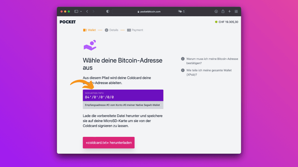 Bildschirmfoto mit der Pocket-Website Eingabe des Derivation-Pfades deiner Bitcoin-Adresse