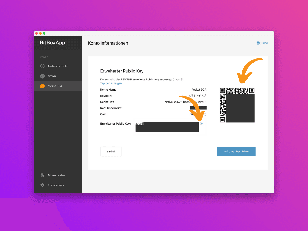 Bildschirmfoto der BitBoxApp mit den Informationen zum erweiterten Public Key