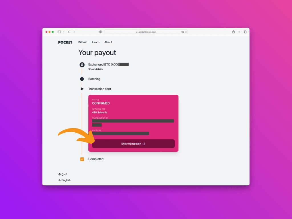 Screenshot of the bitcoin transaction tracking webpage after withdrawal