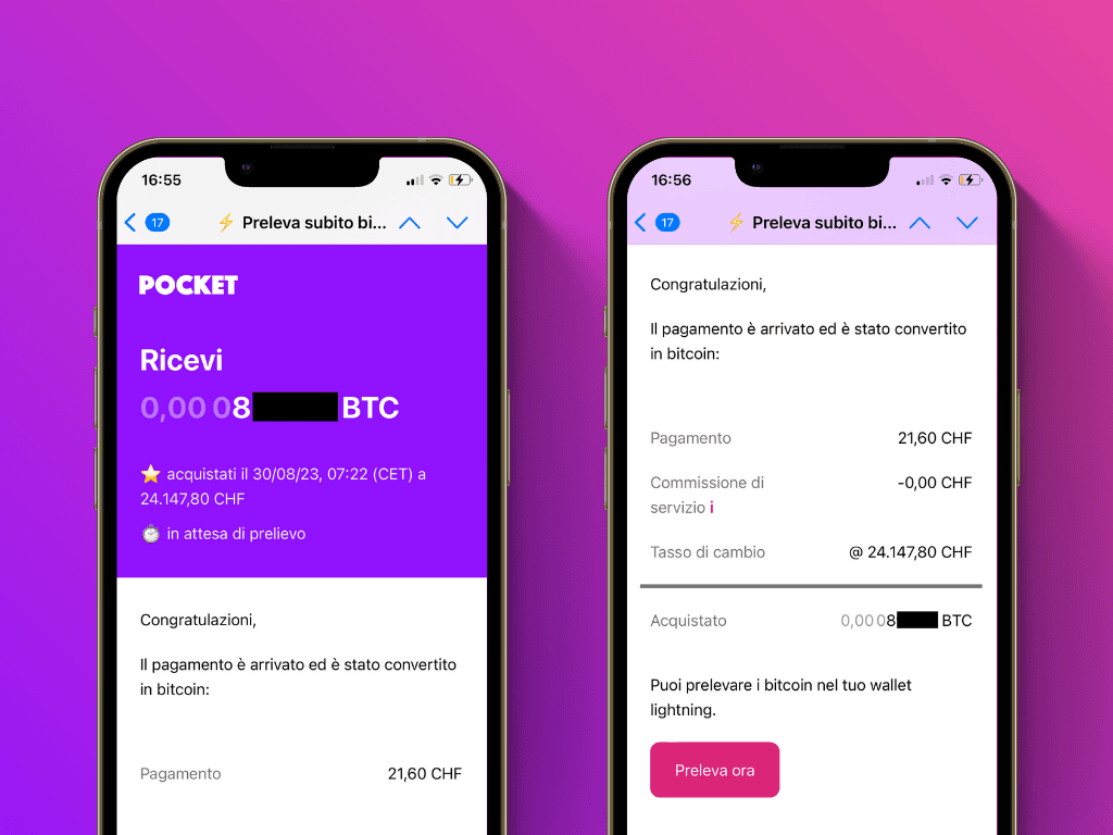 Schermata dell'e-mail di pagamento dopo il trasferimento a Pocket