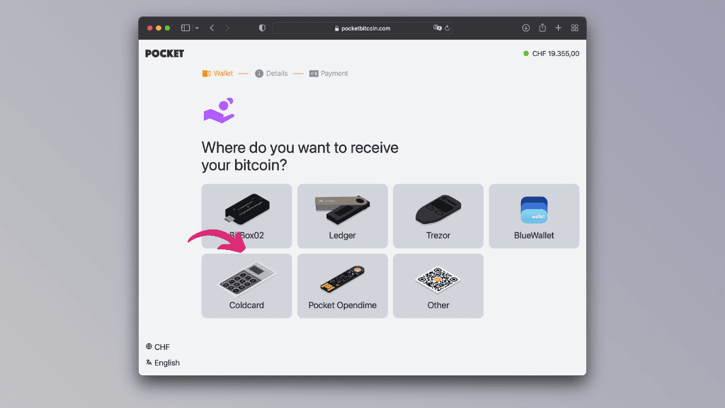 Screenshot of the wallet selection on the Pocket website