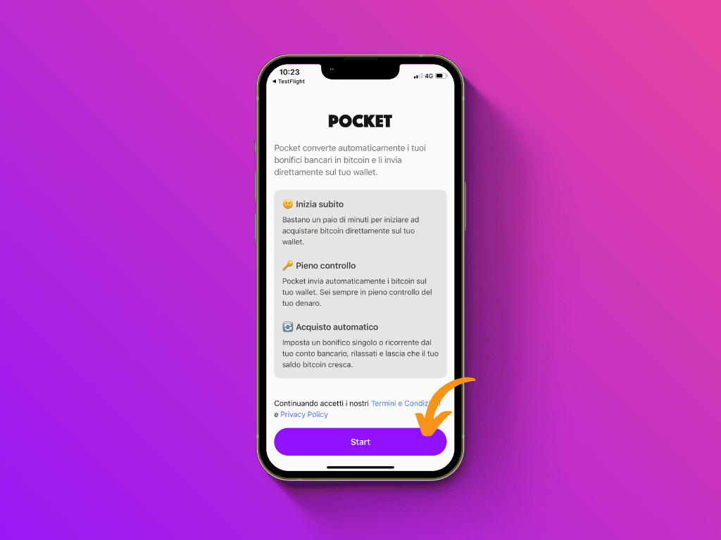 Schermata dell'app Pocket con schermata informativa alla prima apertura