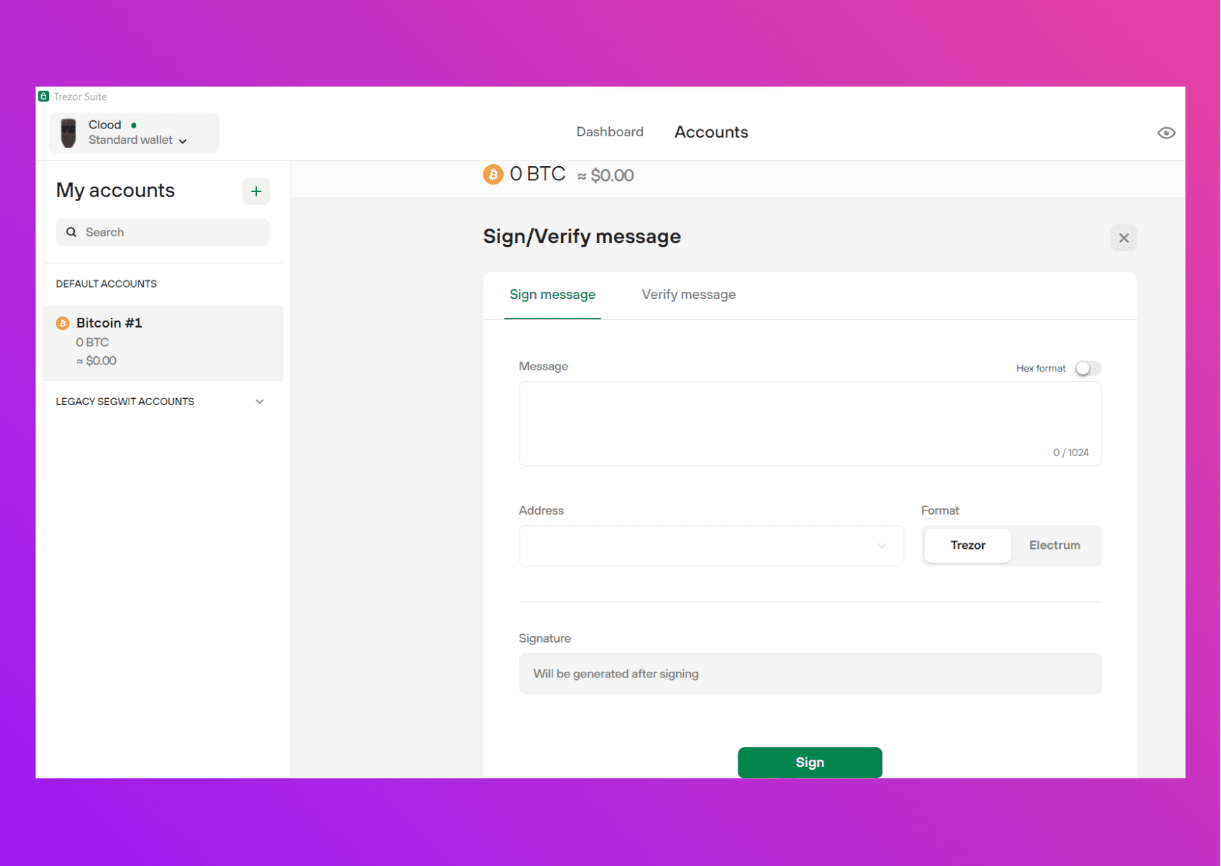 Screen capture Trezor Suite message sign
