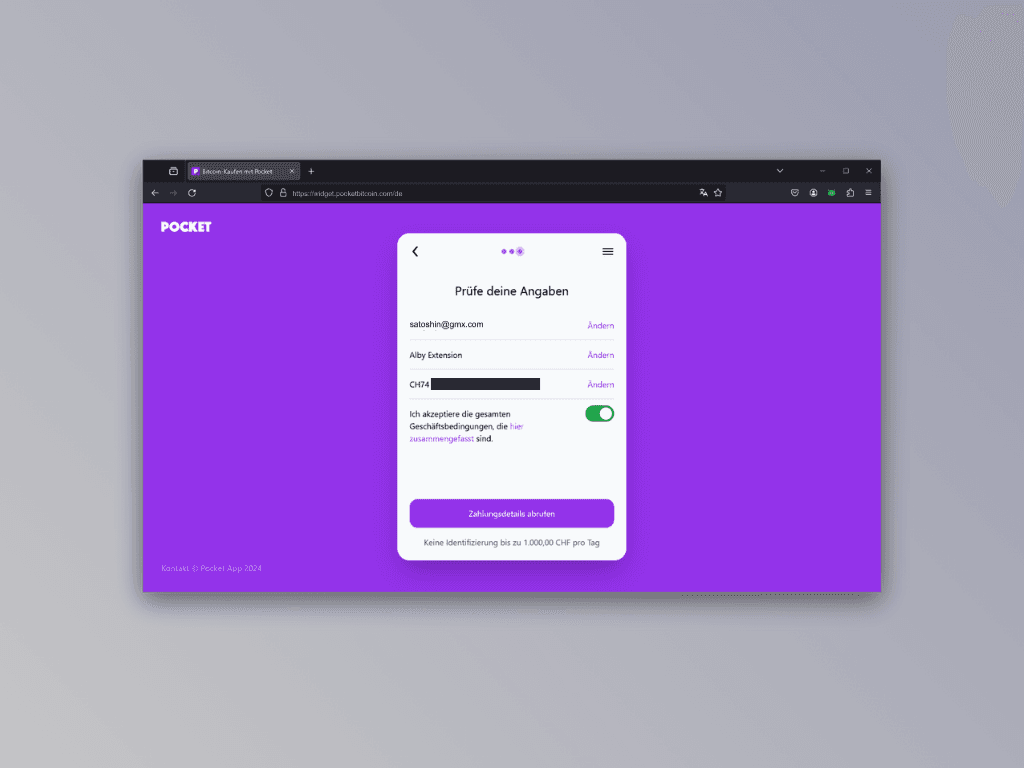 Bildschirmfoto des Screens zur Überprüfung der eingegebenen Daten von Pockets Lightning Top-Up Service
