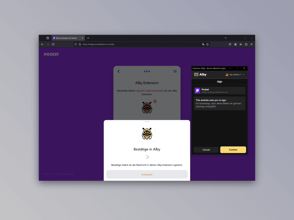 Bildschirmfoto des Signier-Screens in der Alby-Extension