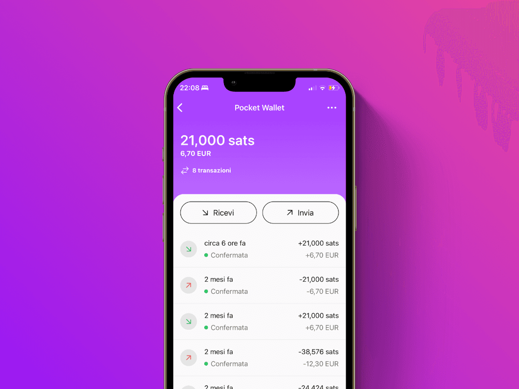 Schermata dell'App Pocket con il wallet ripristinato aperto