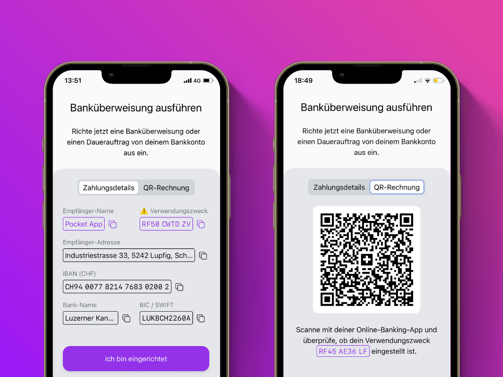 Bildschirmfoto des Bestätigungs-Screens mit Zahlungsdetails von Pockets Lightning Top-Up Service