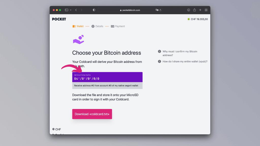 Screenshot of the Coldcard derivation path selection on the Pocket website
