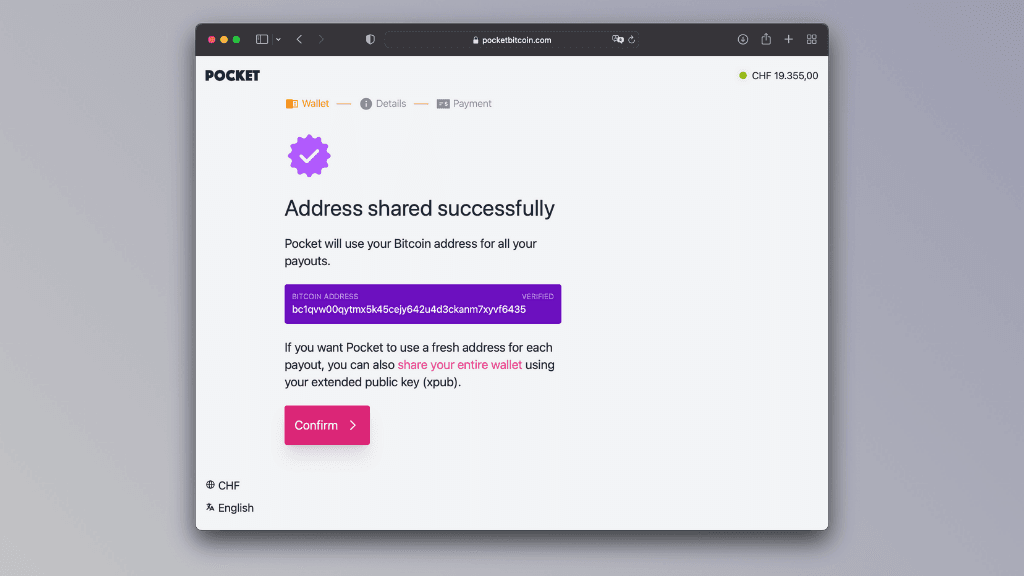 Screenshot of a successfully shared Bitcoin address on the Pocket website