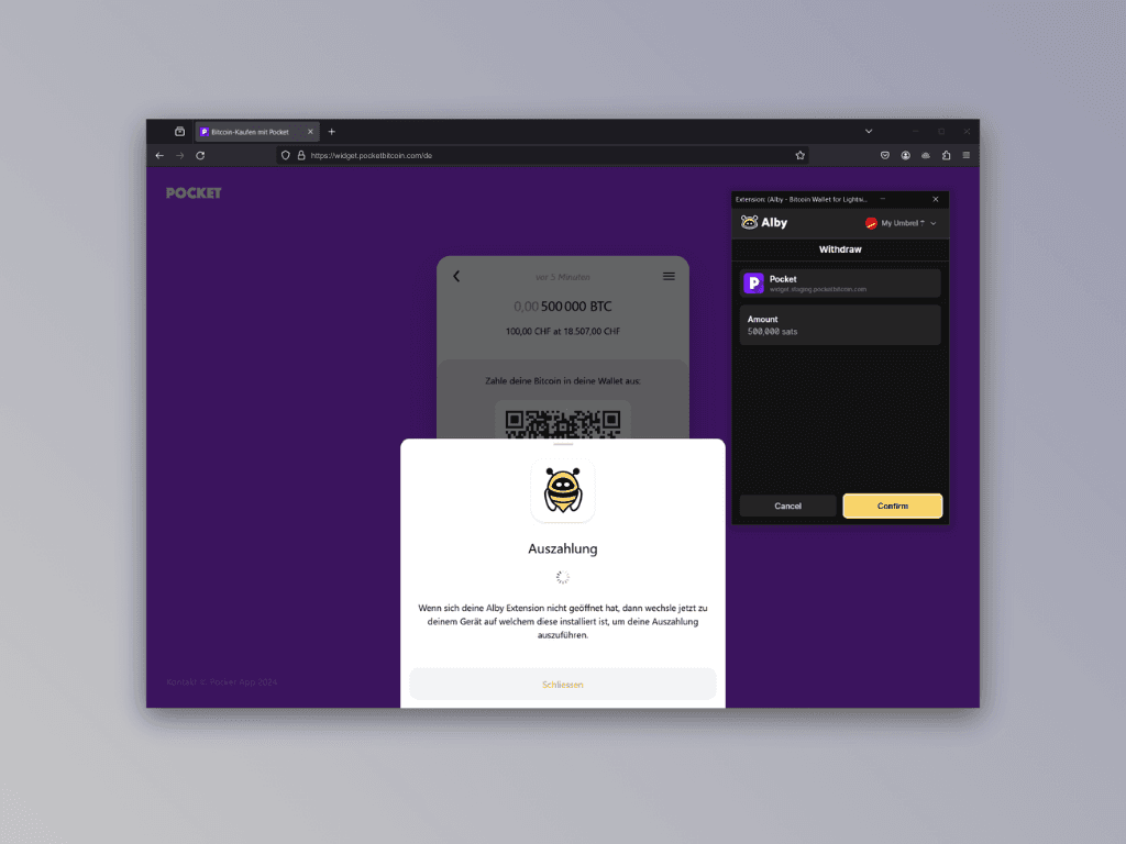 Bildschirmfoto des Auszahlungs-Screens der Alby-Extension