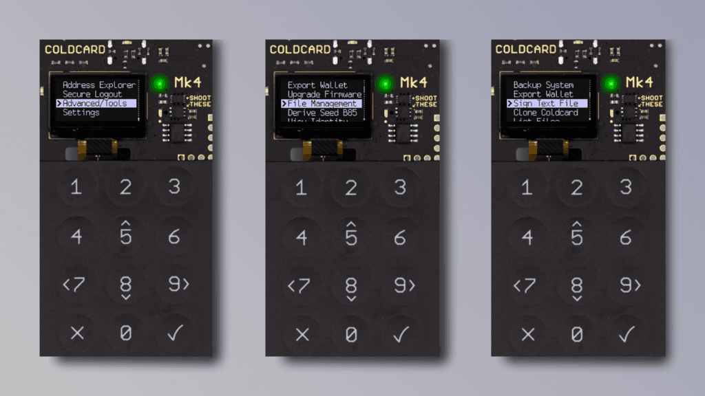 Screenshots of the Coldcard menu up to the signature menu