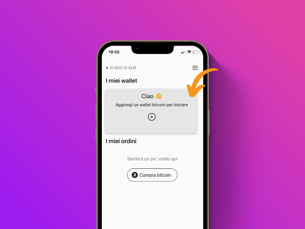Schermata dell'App Pocket con puntatore sul pulsante "Aggiungi wallet"