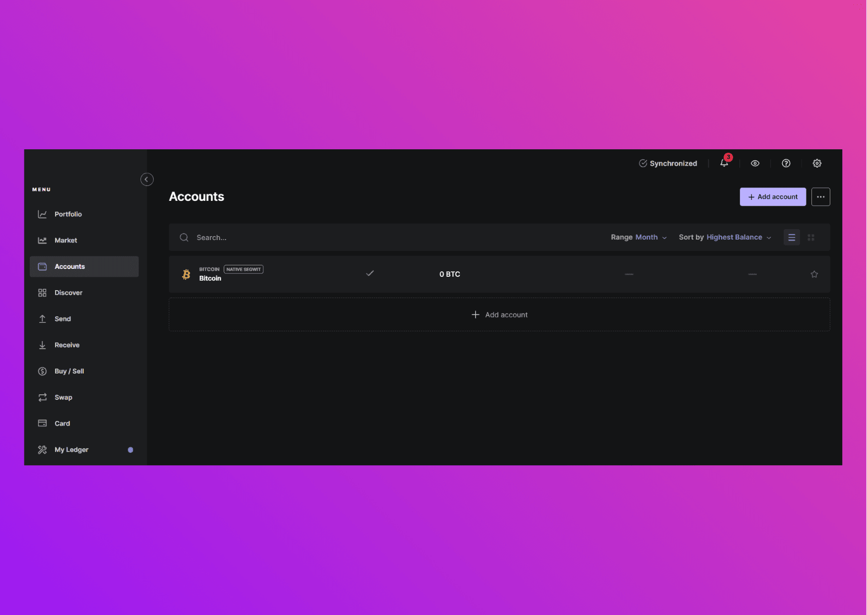 Screenshot Ledger Live with the bitcoin account