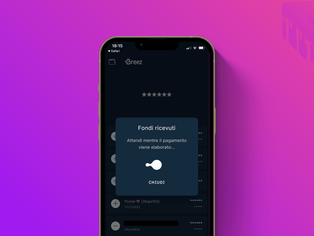Schermata della richiesta di pagamento inviata dall'app Breez