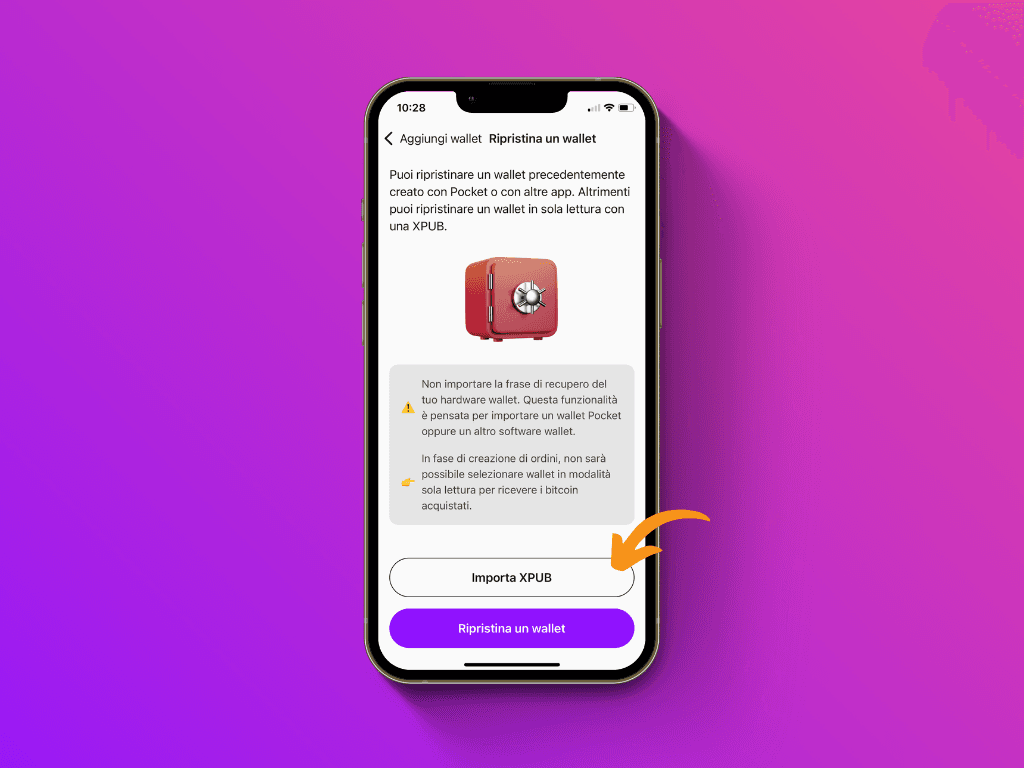 Schermata dell'App Pocket con il puntatore sul pulsante "Importa XPUB"