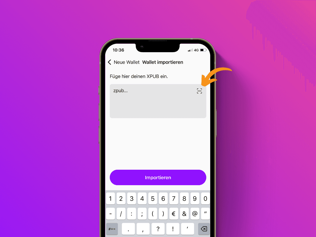 Bildschirmfoto der Pocket App auf dem XPub-Eingabescreen