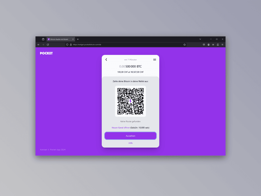 Bildschirmfoto des Auszahlungs-Screens in Pockets Lightning Top-Up Service