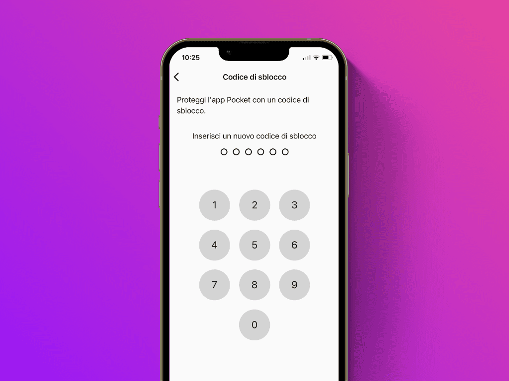 Schermata dell'app Pocket con la schermata di inserimento del PIN